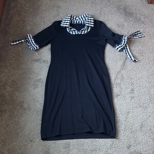 Nina Leonard Navy Gingham Trim Dress SIZE M